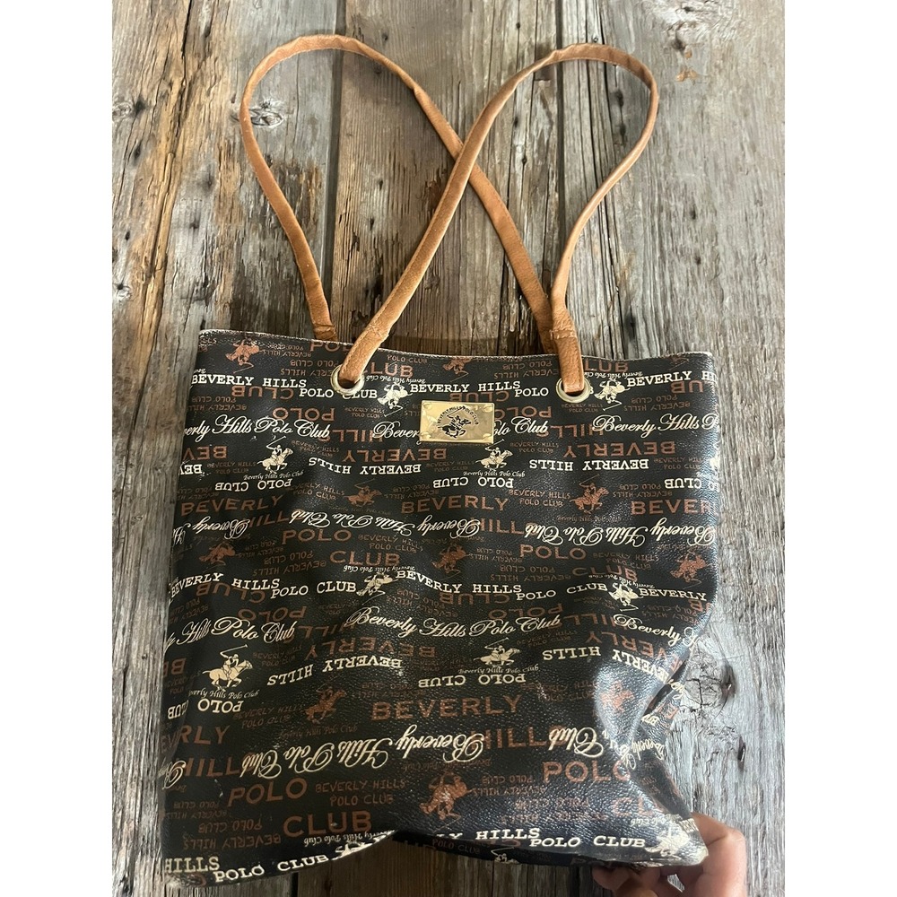 Beverly Hills Polo Club Tote Bag Brown Logo Print Shoulder Bag Top Zip Gold Logo